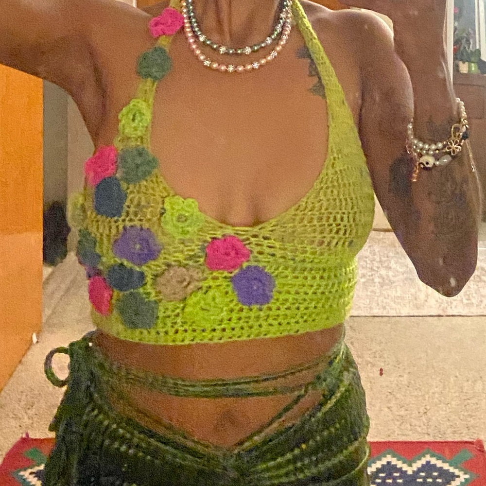 Hand made, floral adjustable crochet top.